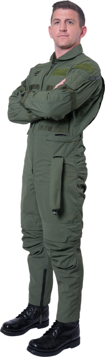 A male pilot standing with his arms crossed, wearing an Atheris Anti-G Suit